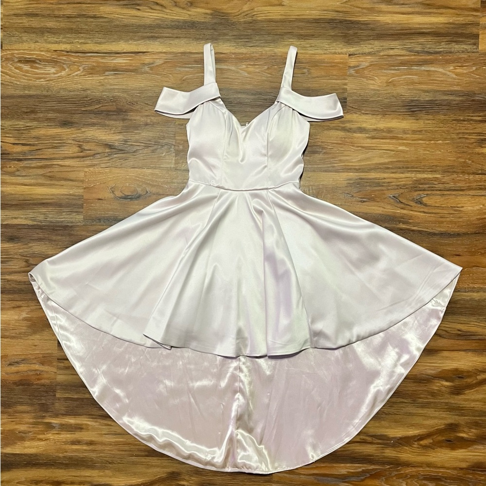 POCKETS Sequin Hearts Champagne Satin Cold-Shoulder High-Low Dress - Size 1